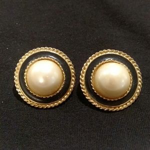 Gold Tone and Pearl, Black Accent Earrings